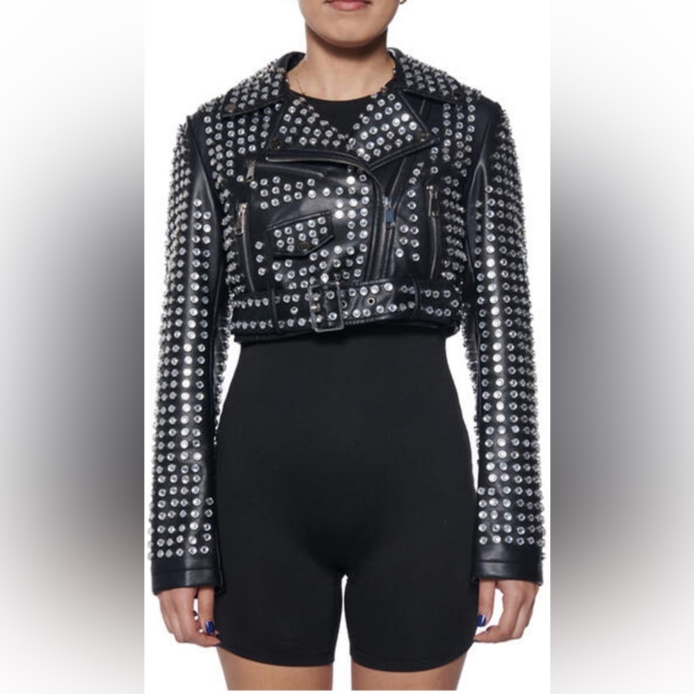 Azalea Wang Gazette Studded Crop Faux Leather Moto Jacket